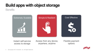 ©Copyright 2016 Virtustream, Inc. All Rights Reserved.
Build apps with object storage
5
Benefits
Extremely Scalable
Instant self-service
access to storage
Cost Effective
Flexible payment
options
Simple & Resilient
Access from any device,
anywhere, anytime
 
