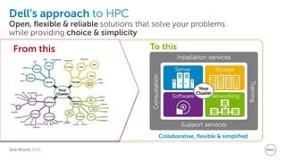 Dell World 2014 
Dell’s approach to HPC Open, flexible & reliable solutions that solve your problems while providing choice & simplicity 
From this 
To this 
Collaborative, flexible & simplified  