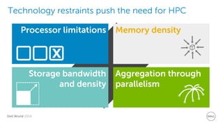 Dell World 2014 
Technology restraints push the need for HPC 
Processor limitations 
Memory density 
Storage bandwidth and density 
Aggregation through parallelism  