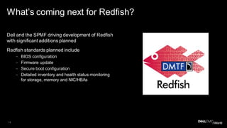 14
What’s coming next for Redfish?
Dell and the SPMF driving development of Redfish
with significant additions planned
Redfish standards planned include
– BIOS configuration
– Firmware update
– Secure boot configuration
– Detailed inventory and health status monitoring
for storage, memory and NIC/HBAs
 