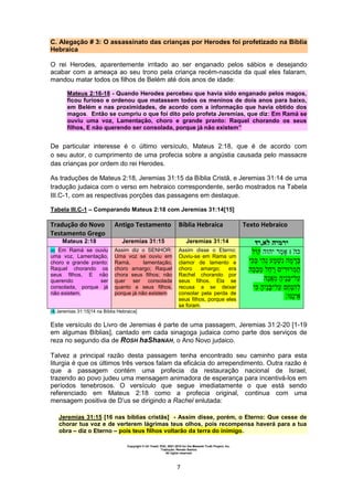 Copyright © Uri Yosef, PhD, 2001-2010 for the Messiah Truth Project, Inc.
Tradução: Renato Santos
All rights reserved
7
C. Alegação # 3: O assassinato das crianças por Herodes foi profetizado na Bíblia
Hebraica
O rei Herodes, aparentemente irritado ao ser enganado pelos sábios e desejando
acabar com a ameaça ao seu trono pela criança recém-nascida da qual eles falaram,
mandou matar todos os filhos de Belém até dois anos de idade:
Mateus 2:16-18 - Quando Herodes percebeu que havia sido enganado pelos magos,
ficou furioso e ordenou que matassem todos os meninos de dois anos para baixo,
em Belém e nas proximidades, de acordo com a informação que havia obtido dos
magos. Então se cumpriu o que foi dito pelo profeta Jeremias, que diz: Em Ramá se
ouviu uma voz, Lamentação, choro e grande pranto: Raquel chorando os seus
filhos, E não querendo ser consolada, porque já não existem”
De particular interesse é o último versículo, Mateus 2:18, que é de acordo com
o seu autor, o cumprimento de uma profecia sobre a angústia causada pelo massacre
das crianças por ordem do rei Herodes.
As traduções de Mateus 2:18, Jeremias 31:15 da Bíblia Cristã, e Jeremias 31:14 de uma
tradução judaica com o verso em hebraico correspondente, serão mostrados na Tabela
III.C-1, com as respectivas porções das passagens em destaque.
Tabela III.C-1 – Comparando Mateus 2:18 com Jeremias 31:14[15]
Tradução do Novo
Testamento Grego
Antigo Testamento Bíblia Hebraica Texto Hebraico
Mateus 2:18 Jeremias 31:15 Jeremias 31:14 ‫לא,יד‬ ‫ירמיה‬
[4] Em Ramá se ouviu
uma voz, Lamentação,
choro e grande pranto:
Raquel chorando os
seus filhos, E não
querendo ser
consolada, porque já
não existem.
Assim diz o SENHOR:
Uma voz se ouviu em
Ramá, lamentação,
choro amargo; Raquel
chora seus filhos; não
quer ser consolada
quanto a seus filhos,
porque já não existem
Assim disse o Eterno:
Ouviu-se em Rama um
clamor de lamento e
choro amargo; era
Rachel chorando por
seus filhos. Ela se
recusa a se deixar
consolar pela perda de
seus filhos, porque eles
se foram.
‫יהוה‬ ‫׀‬ ‫ה‬
‫י‬ ‫י‬‫ה‬ ‫ה‬
‫ה‬ ‫י‬
‫ה‬ ‫יה‬
‫י‬ ‫יה‬ ‫ה‬
‫י‬
[4] Jeremias 31:15[14 na Bíblia Hebraica]
Este versículo do Livro de Jeremias é parte de uma passagem, Jeremias 31:2-20 [1-19
em algumas Bíblias], cantado em cada sinagoga judaica como parte dos serviços de
reza no segundo dia de ROSH haShaNAH, o Ano Novo judaico.
Talvez a principal razão desta passagem tenha encontrado seu caminho para esta
liturgia é que os últimos três versos falam da eficácia do arrependimento. Outra razão é
que a passagem contém uma profecia da restauração nacional de Israel,
trazendo ao povo judeu uma mensagem animadora de esperança para incentivá-los em
períodos tenebrosos. O versículo que segue imediatamente o que está sendo
referenciado em Mateus 2:18 como a profecia original, continua com uma
mensagem positiva de D’us se dirigindo a Rachel enlutada:
Jeremias 31:15 [16 nas bíblias cristãs] - Assim disse, porém, o Eterno: Que cesse de
chorar tua voz e de verterem lágrimas teus olhos, pois recompensa haverá para a tua
obra – diz o Eterno – pois teus filhos voltarão da terra do inimigo.
 