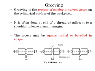 Grooving
• Grooving is the process of cutting a narrow goove on
the cylindrical surface of the workpiece.
• It is often done at end of a thread or adjacent to a
shoulder to leave a small margin.
• The groove may be square, radial or bevelled in
shape.
 