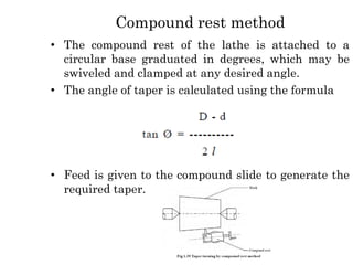 Compound rest method
• The compound rest of the lathe is attached to a
circular base graduated in degrees, which may be
swiveled and clamped at any desired angle.
• The angle of taper is calculated using the formula
• Feed is given to the compound slide to generate the
required taper.
 