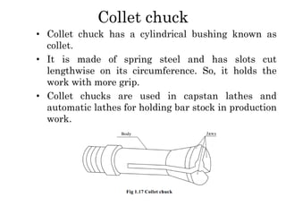 Collet chuck
• Collet chuck has a cylindrical bushing known as
collet.
• It is made of spring steel and has slots cut
lengthwise on its circumference. So, it holds the
work with more grip.
• Collet chucks are used in capstan lathes and
automatic lathes for holding bar stock in production
work.
 