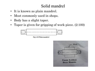 Solid mandrel
• It is known as plain mandrel.
• Most commonly used in shops.
• Body has a slight taper.
• Taper is given for gripping of work piece. (2:100)
 