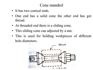 Cone mandrel
• It has two conical ends.
• One end has a solid cone the other end has got
thread.
• At threaded end there is a sliding cone.
• This sliding cone can adjusted by a nut.
• This is used for holding workpieces of different
hole diameters.
 