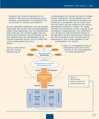 43
Management Tools nummer 1, 2003
misschien wel nieuwe toetreders te ver-
wachten? Wat doen de ketenspelers (inter-
mediairs, tussenhandel en dergelijke)? Doe
we het beter of slechter dan anderen?
Als een organisatie onderdeel is van een grotere
organisatie, dan worden veel van bovenstaande
vragen vaak opgevangen door het hoofdkantoor.
Vaak vindt daar een vertaling plaats naar een
aantal interne projecten. Bij de Rabobank is dit
punt opgelost door de ontwikkelingen bij de
centrale organisatie als één van de (meest rele-
vante) omgevingsfactoren op te
nemen.
Vanuit al deze dimen-
sies kan worden
bepaald wat de
ontwikkelingen zijn rondom de klant of eindge-
bruiker. Uiteraard is het onmogelijk om rond-
om alle thema’s op voorhand de precieze ont-
wikkeling te voorspellen. Het is in deze fase
van het traject wel van belang om de vooron-
derstellingen expliciet te maken. Dit maakt
namelijk in de toekomst control mogelijk op de
strategische uitgangspunten. Een alternatief
voor de hiervoor gepresenteerde kapstok is
het gebruiken van een ‘porteriaanse’ analyse. In
elk van de gevallen is een inventarisatie en
bespreking in één of twee dagdelen in het
strategieteam van belang.
In figuur 2 is aangegeven hoe de
samenhang tussen de interne
analyse en de omgevingsanaly-
se wordt aangebracht.
Figuur 2.
Samenhang
interne analyse en
omgevingsanalyse
 