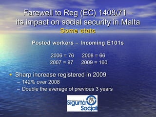 Farewell to Reg (EC) 1408/71 –
  its impact on social security in Malta
                    Some stats
        Posted workers – Incoming E101s

               2006 = 76    2008 = 66
               2007 = 97    2009 = 160

• Sharp increase registered in 2009
  – 142% over 2008
  – Double the average of previous 3 years
 