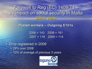 Farewell to Reg (EC) 1408/71 –
  its impact on social security in Malta
                   Some stats
        Posted workers – Outgoing E101s

               2006 = 143 2008 = 161
               2007 = 118 2009 = 114

• Drop registered in 2009
  – 29% over 2008
  – 10% of average of previous 3 years
 
