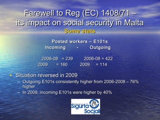Farewell to Reg (EC) 1408/71 –
  its impact on social security in Malta
                        Some stats
                  Posted workers – E101s
               Incoming    -     Outgoing

              2006-08 = 239       2006-08 = 422
            2009    = 160       2009 = 114

• Situation reversed in 2009
   – Outgoing E101s consistently higher from 2006-2008 – 76%
     higher
   – In 2009, incoming E101s were higher by 40%
 