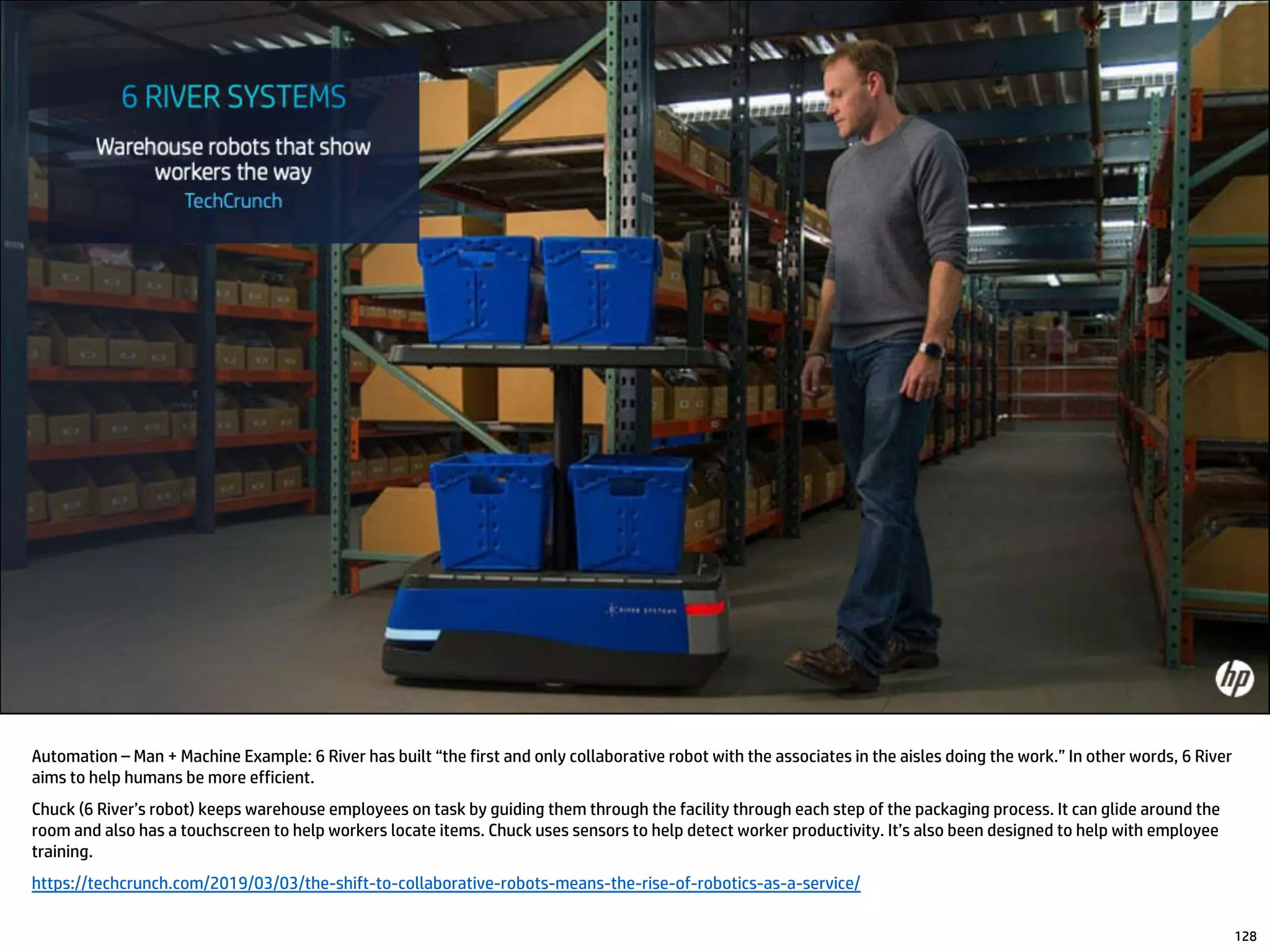 Automation – Man + Machine Example: 6 River has built “the first and only collaborative robot with the associates in the aisles doing the work.” In other words, 6 River
aims to help humans be more efficient.
Chuck (6 River’s robot) keeps warehouse employees on task by guiding them through the facility through each step of the packaging process. It can glide around the
room and also has a touchscreen to help workers locate items. Chuck uses sensors to help detect worker productivity. It’s also been designed to help with employee
training.
https://techcrunch.com/2019/03/03/the-shift-to-collaborative-robots-means-the-rise-of-robotics-as-a-service/
128
 