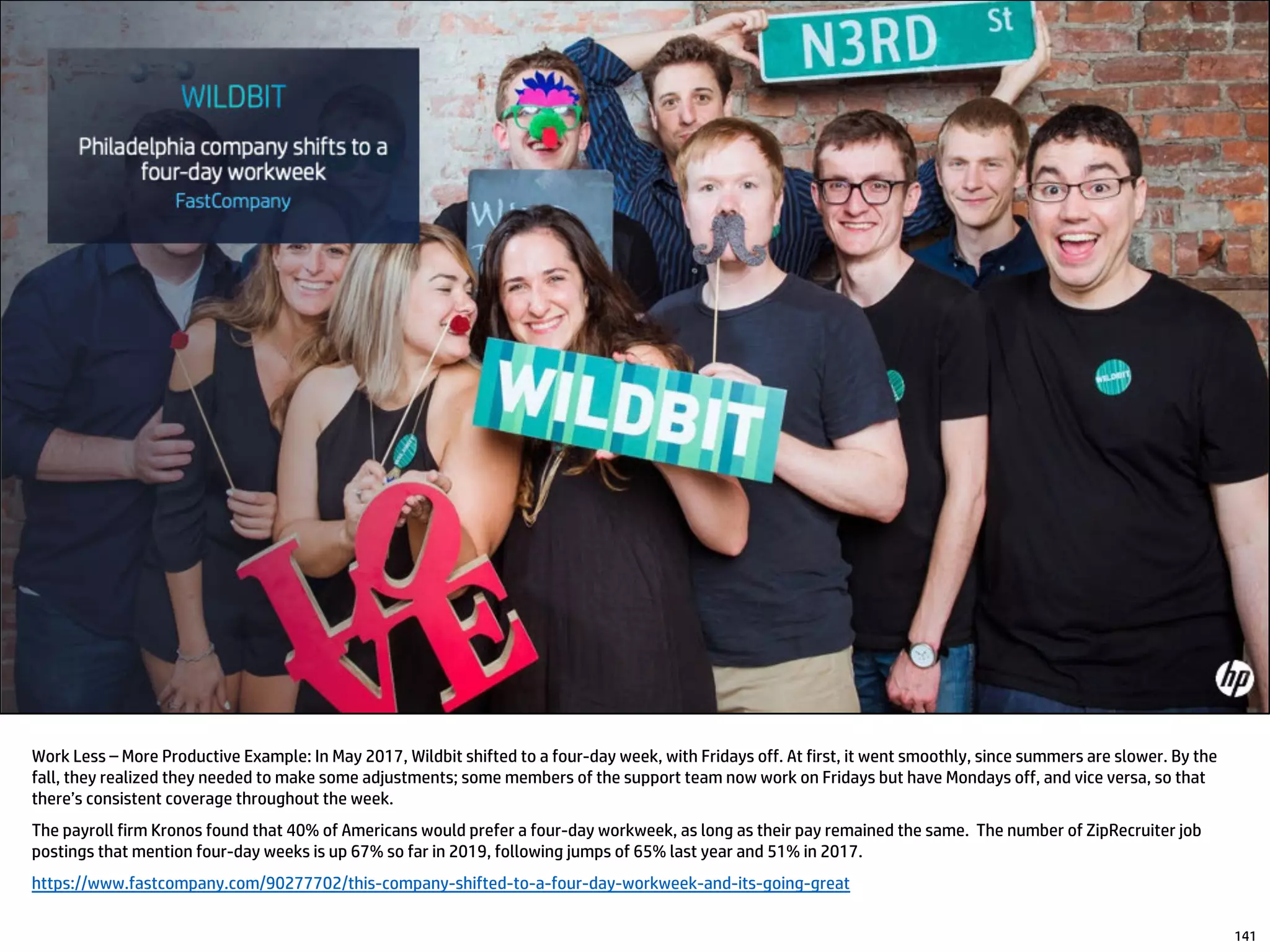Work Less – More Productive Example: In May 2017, Wildbit shifted to a four-day week, with Fridays off. At first, it went smoothly, since summers are slower. By the
fall, they realized they needed to make some adjustments; some members of the support team now work on Fridays but have Mondays off, and vice versa, so that
there’s consistent coverage throughout the week.
The payroll firm Kronos found that 40% of Americans would prefer a four-day workweek, as long as their pay remained the same. The number of ZipRecruiter job
postings that mention four-day weeks is up 67% so far in 2019, following jumps of 65% last year and 51% in 2017.
https://www.fastcompany.com/90277702/this-company-shifted-to-a-four-day-workweek-and-its-going-great
141
 
