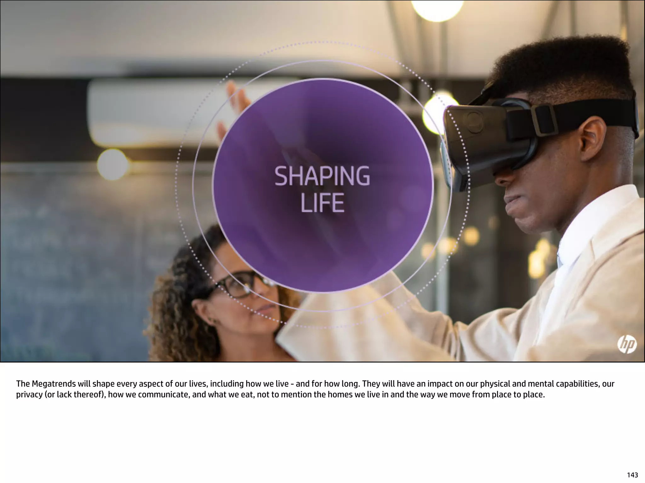 The Megatrends will shape every aspect of our lives, including how we live - and for how long. They will have an impact on our physical and mental capabilities, our
privacy (or lack thereof), how we communicate, and what we eat, not to mention the homes we live in and the way we move from place to place.
143
 