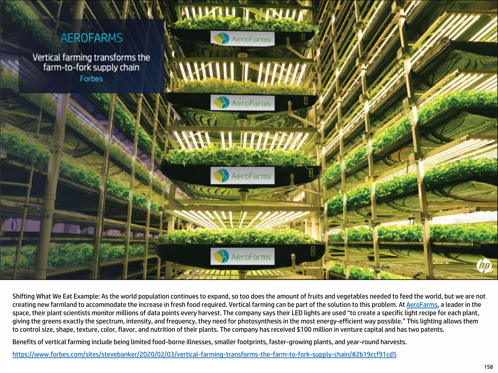 Shifting What We Eat Example: As the world population continues to expand, so too does the amount of fruits and vegetables needed to feed the world, but we are not
creating new farmland to accommodate the increase in fresh food required. Vertical farming can be part of the solution to this problem. At AeroFarms, a leader in the
space, their plant scientists monitor millions of data points every harvest. The company says their LED lights are used “to create a specific light recipe for each plant,
giving the greens exactly the spectrum, intensity, and frequency, they need for photosynthesis in the most energy-efficient way possible.” This lighting allows them
to control size, shape, texture, color, flavor, and nutrition of their plants. The company has received $100 million in venture capital and has two patents.
Benefits of vertical farming include being limited food-borne illnesses, smaller footprints, faster-growing plants, and year-round harvests.
https://www.forbes.com/sites/stevebanker/2020/02/03/vertical-farming-transforms-the-farm-to-fork-supply-chain/#2b19ccf91cd5
158
 