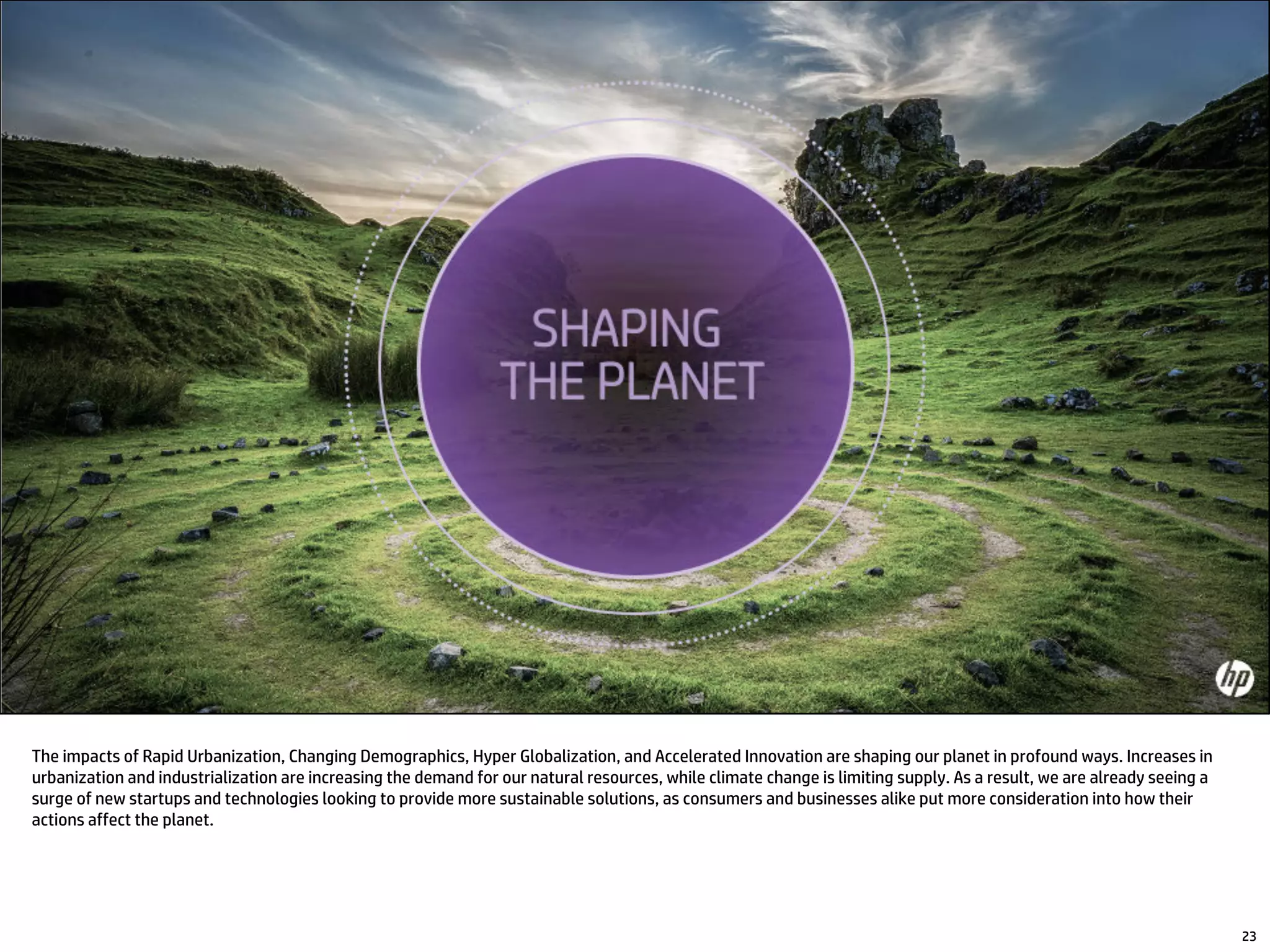 The impacts of Rapid Urbanization, Changing Demographics, Hyper Globalization, and Accelerated Innovation are shaping our planet in profound ways. Increases in
urbanization and industrialization are increasing the demand for our natural resources, while climate change is limiting supply. As a result, we are already seeing a
surge of new startups and technologies looking to provide more sustainable solutions, as consumers and businesses alike put more consideration into how their
actions affect the planet.
23
 