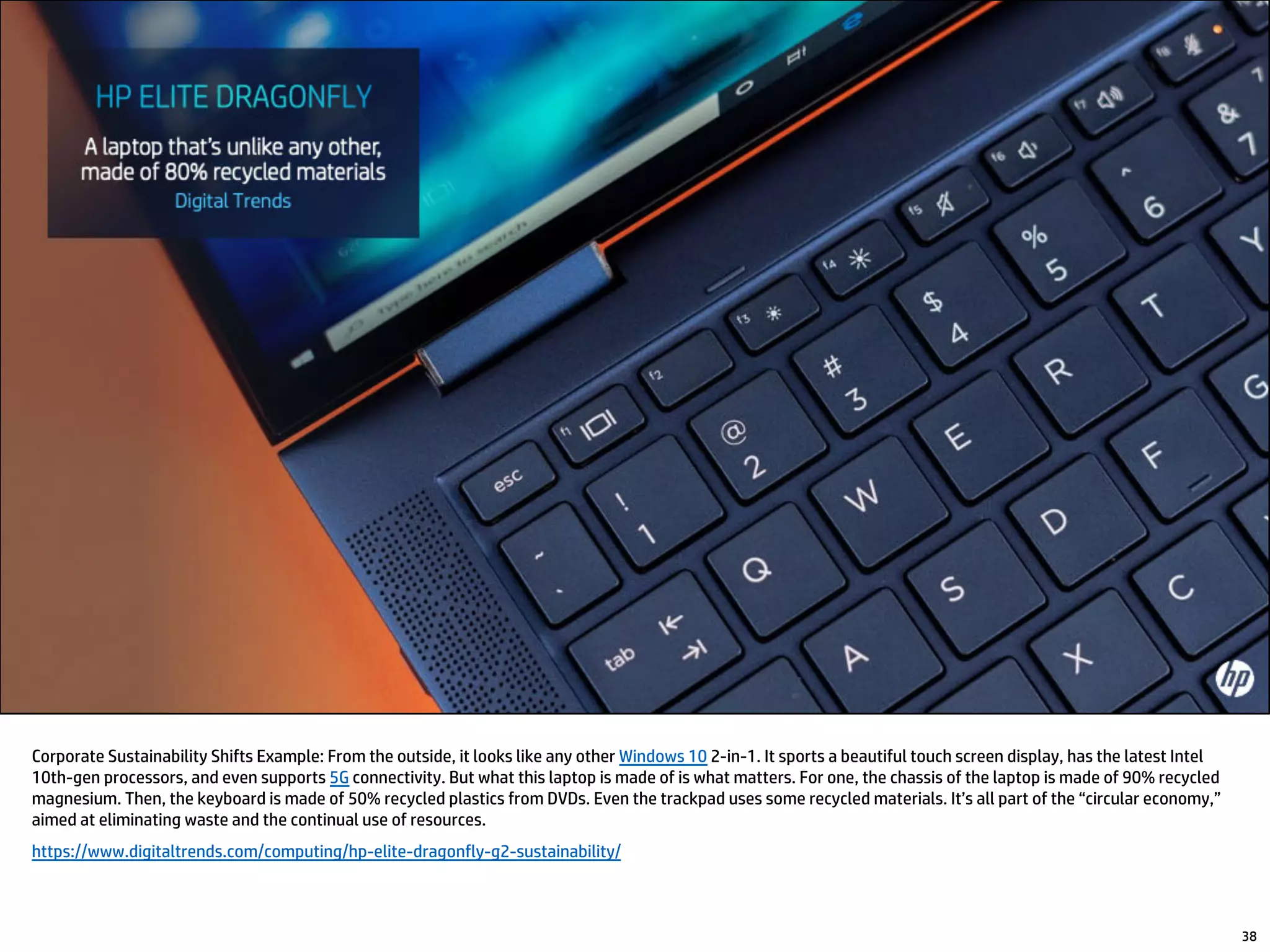 Corporate Sustainability Shifts Example: From the outside, it looks like any other Windows 10 2-in-1. It sports a beautiful touch screen display, has the latest Intel
10th-gen processors, and even supports 5G connectivity. But what this laptop is made of is what matters. For one, the chassis of the laptop is made of 90% recycled
magnesium. Then, the keyboard is made of 50% recycled plastics from DVDs. Even the trackpad uses some recycled materials. It’s all part of the “circular economy,”
aimed at eliminating waste and the continual use of resources.
https://www.digitaltrends.com/computing/hp-elite-dragonfly-g2-sustainability/
38
 
