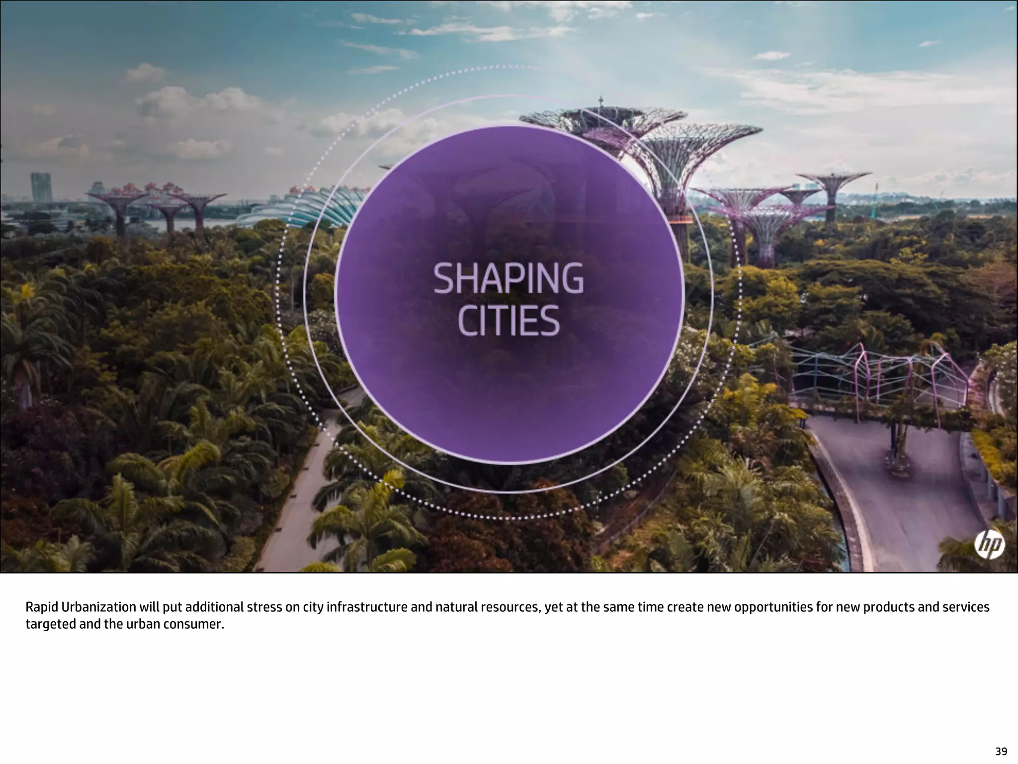 Rapid Urbanization will put additional stress on city infrastructure and natural resources, yet at the same time create new opportunities for new products and services
targeted and the urban consumer.
39
 