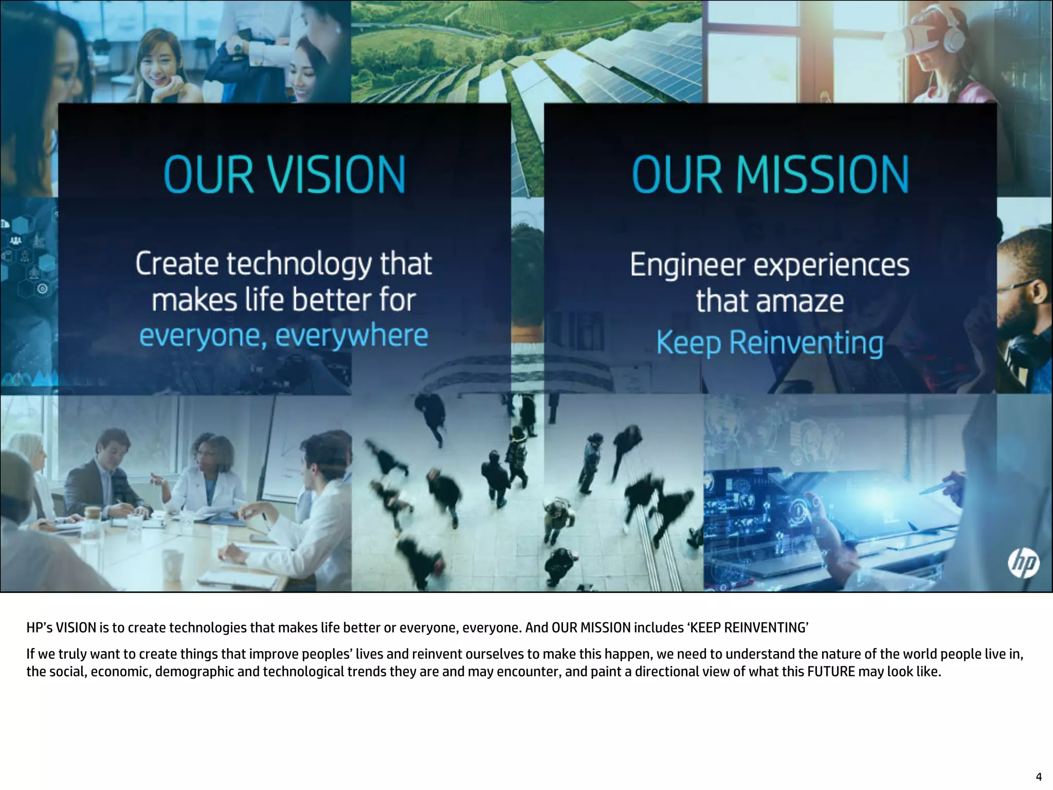HP’s VISION is to create technologies that makes life better or everyone, everyone. And OUR MISSION includes ‘KEEP REINVENTING’
If we truly want to create things that improve peoples’ lives and reinvent ourselves to make this happen, we need to understand the nature of the world people live in,
the social, economic, demographic and technological trends they are and may encounter, and paint a directional view of what this FUTURE may look like.
4
 
