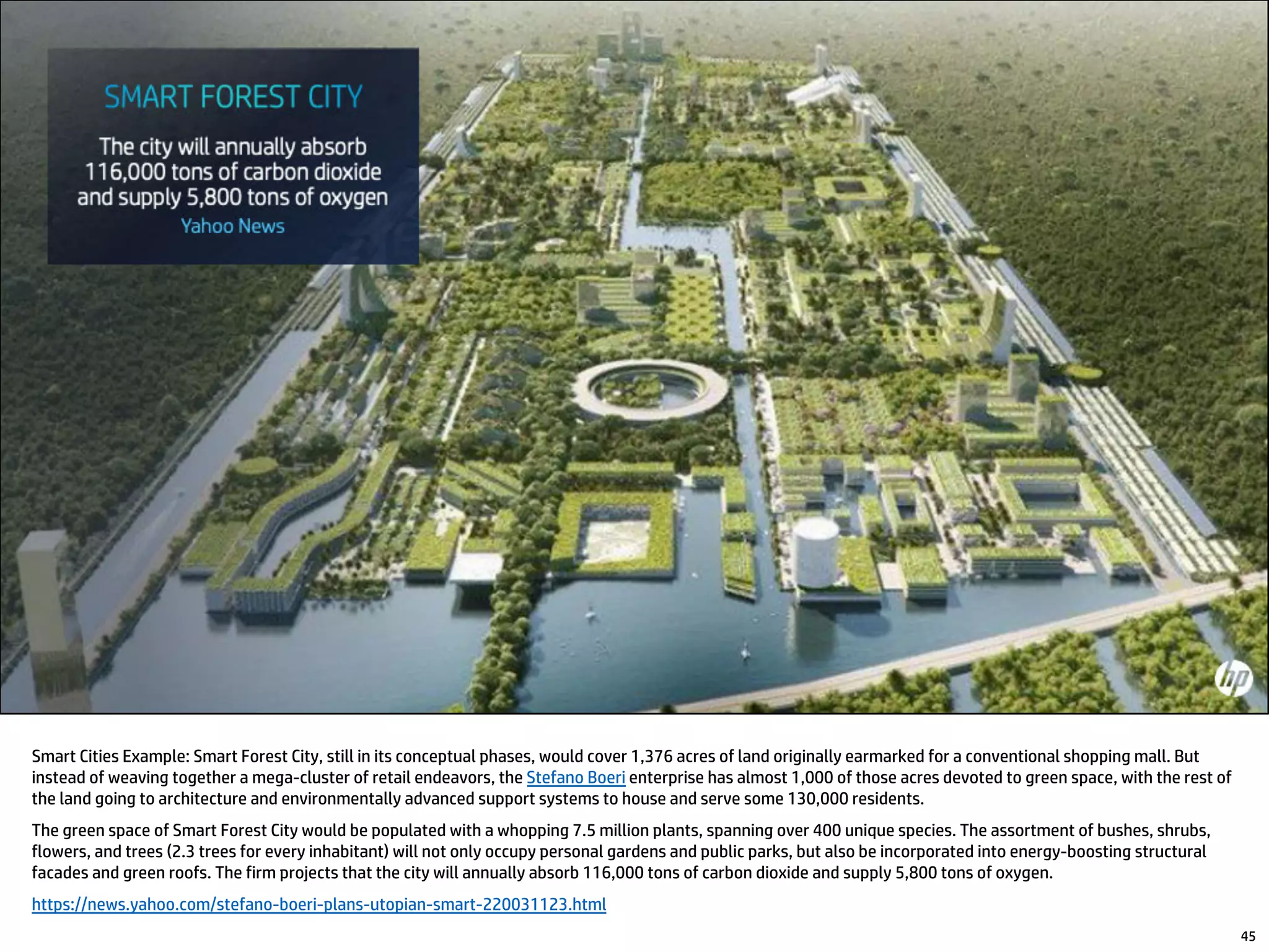 45
Smart Cities Example: Smart Forest City, still in its conceptual phases, would cover 1,376 acres of land originally earmarked for a conventional shopping mall. But
instead of weaving together a mega-cluster of retail endeavors, the Stefano Boeri enterprise has almost 1,000 of those acres devoted to green space, with the rest of
the land going to architecture and environmentally advanced support systems to house and serve some 130,000 residents.
The green space of Smart Forest City would be populated with a whopping 7.5 million plants, spanning over 400 unique species. The assortment of bushes, shrubs,
flowers, and trees (2.3 trees for every inhabitant) will not only occupy personal gardens and public parks, but also be incorporated into energy-boosting structural
facades and green roofs. The firm projects that the city will annually absorb 116,000 tons of carbon dioxide and supply 5,800 tons of oxygen.
https://news.yahoo.com/stefano-boeri-plans-utopian-smart-220031123.html
 