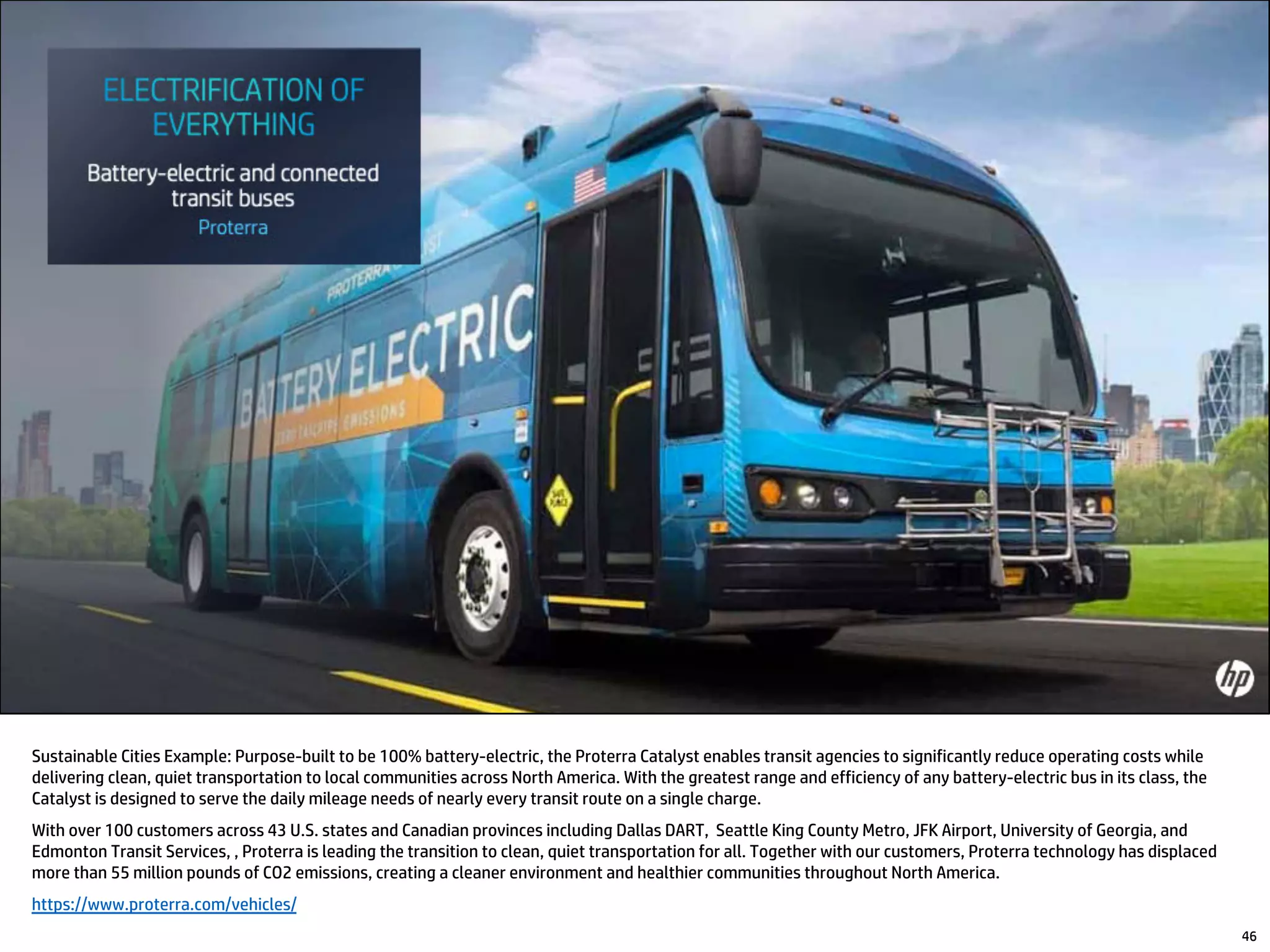 46
Sustainable Cities Example: Purpose-built to be 100% battery-electric, the Proterra Catalyst enables transit agencies to significantly reduce operating costs while
delivering clean, quiet transportation to local communities across North America. With the greatest range and efficiency of any battery-electric bus in its class, the
Catalyst is designed to serve the daily mileage needs of nearly every transit route on a single charge.
With over 100 customers across 43 U.S. states and Canadian provinces including Dallas DART, Seattle King County Metro, JFK Airport, University of Georgia, and
Edmonton Transit Services, , Proterra is leading the transition to clean, quiet transportation for all. Together with our customers, Proterra technology has displaced
more than 55 million pounds of CO2 emissions, creating a cleaner environment and healthier communities throughout North America.
https://www.proterra.com/vehicles/
 