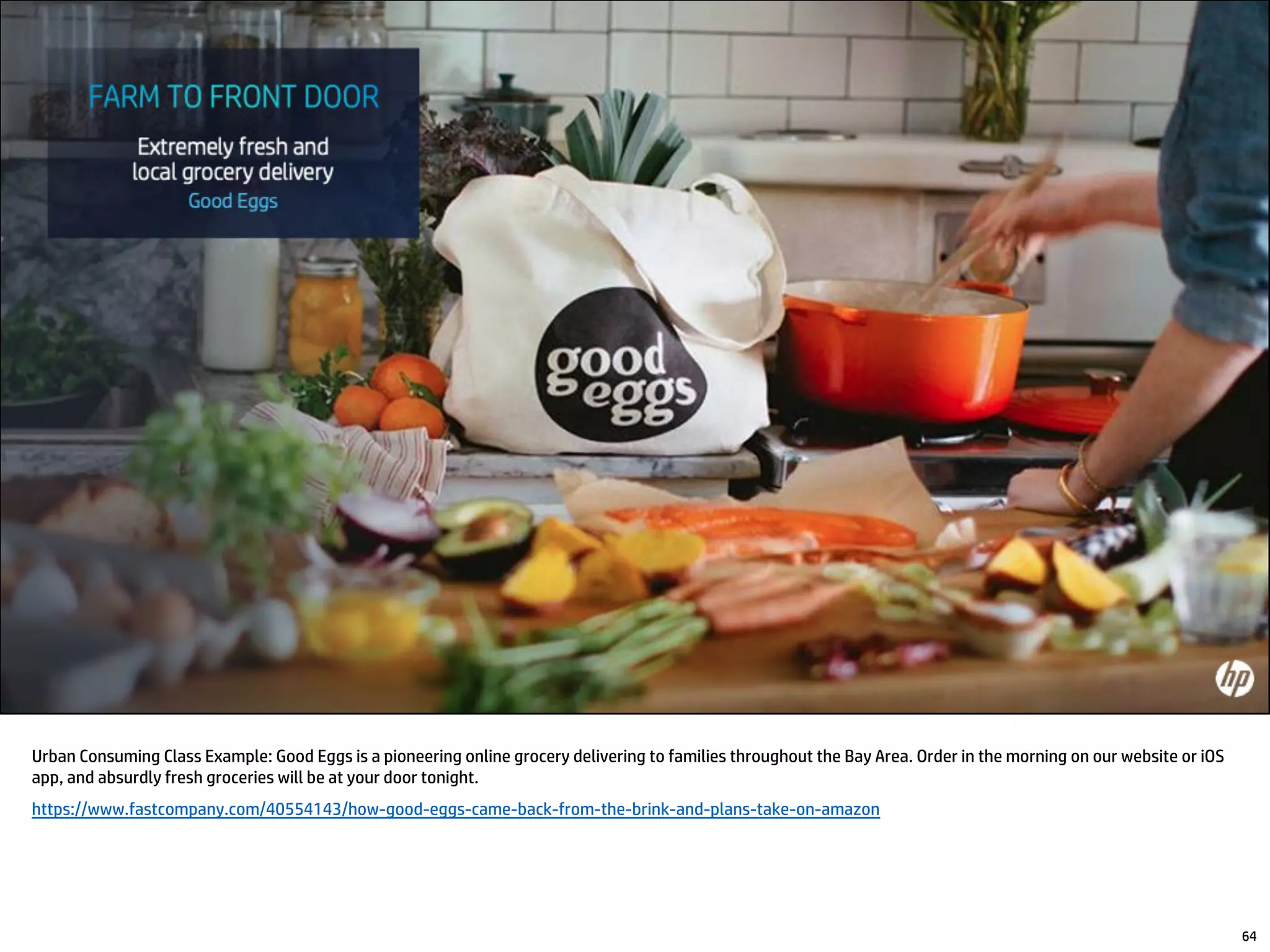 64
Urban Consuming Class Example: Good Eggs is a pioneering online grocery delivering to families throughout the Bay Area. Order in the morning on our website or iOS
app, and absurdly fresh groceries will be at your door tonight.
https://www.fastcompany.com/40554143/how-good-eggs-came-back-from-the-brink-and-plans-take-on-amazon
 