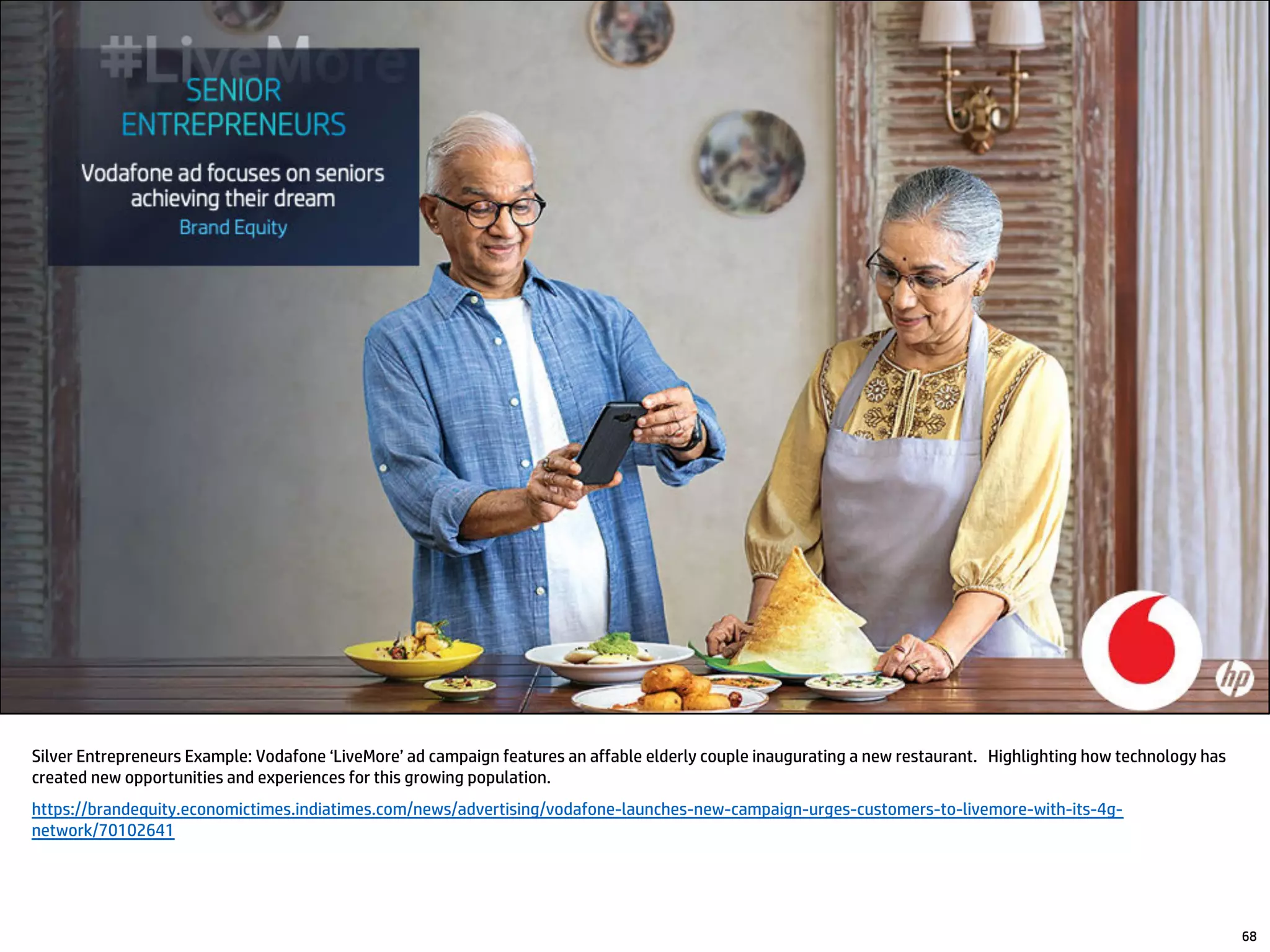 68
Silver Entrepreneurs Example: Vodafone ‘LiveMore’ ad campaign features an affable elderly couple inaugurating a new restaurant. Highlighting how technology has
created new opportunities and experiences for this growing population.
https://brandequity.economictimes.indiatimes.com/news/advertising/vodafone-launches-new-campaign-urges-customers-to-livemore-with-its-4g-
network/70102641
 
