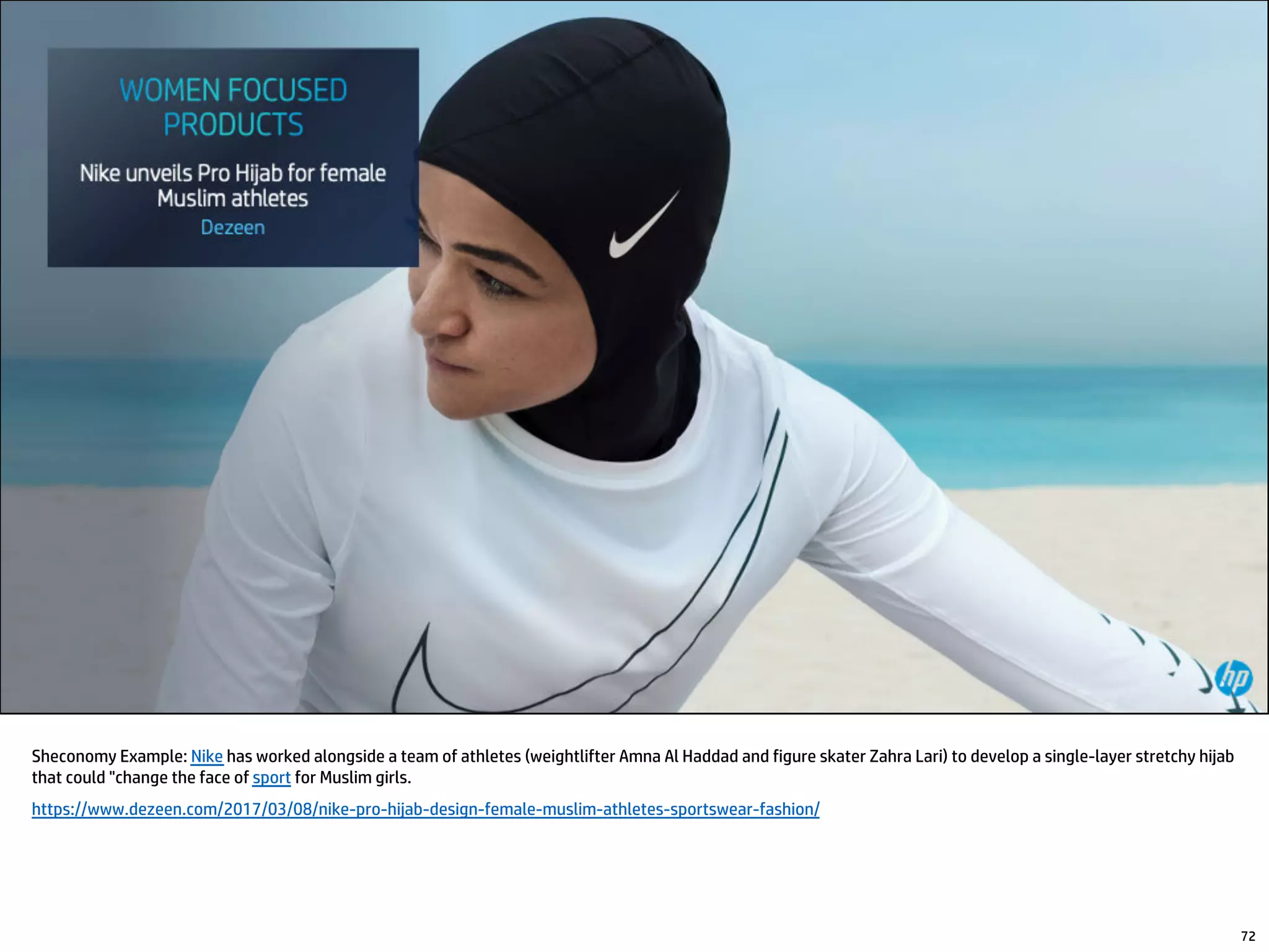 72
Sheconomy Example: Nike has worked alongside a team of athletes (weightlifter Amna Al Haddad and figure skater Zahra Lari) to develop a single-layer stretchy hijab
that could "change the face of sport for Muslim girls.
https://www.dezeen.com/2017/03/08/nike-pro-hijab-design-female-muslim-athletes-sportswear-fashion/
 