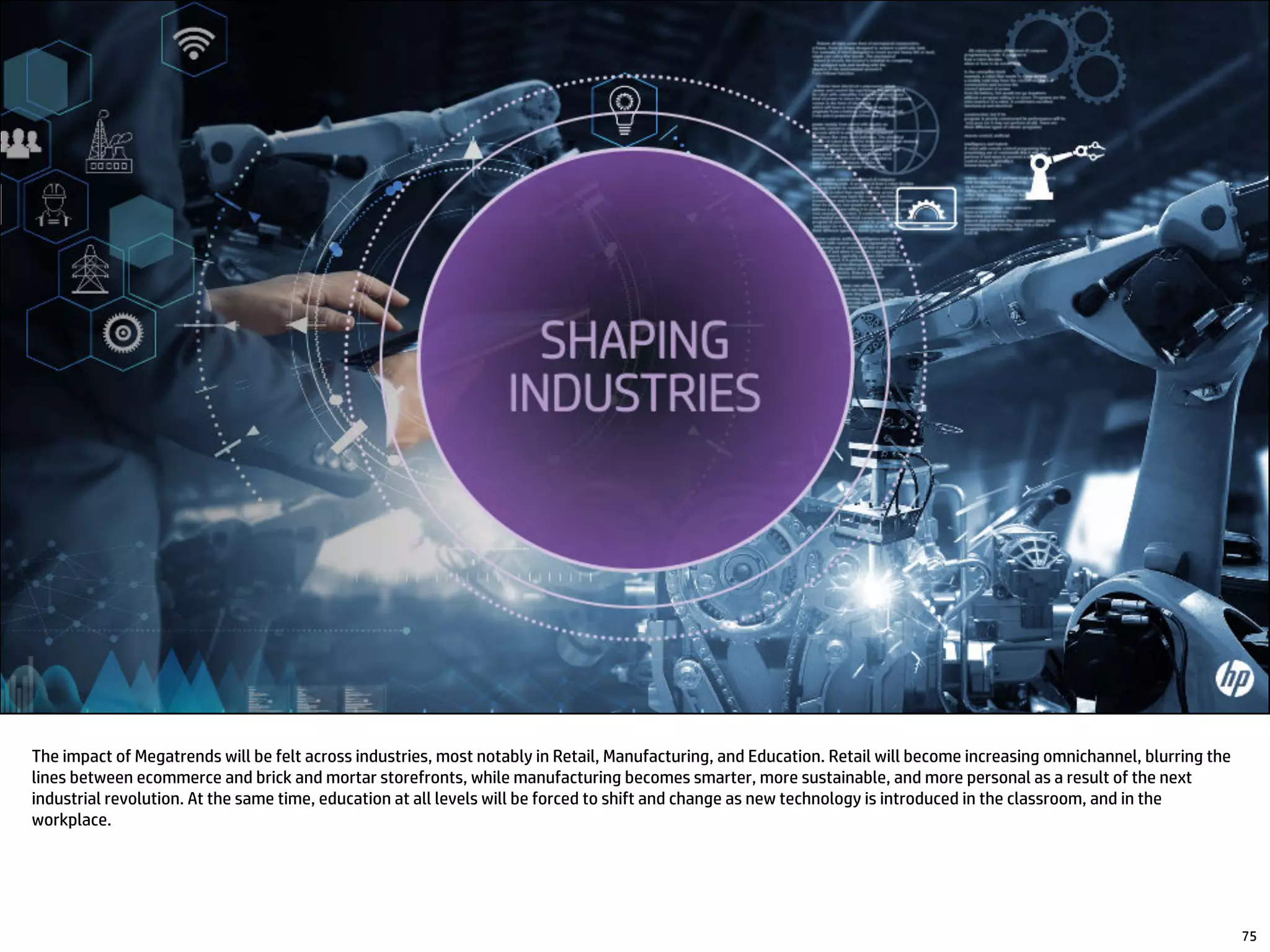 The impact of Megatrends will be felt across industries, most notably in Retail, Manufacturing, and Education. Retail will become increasing omnichannel, blurring the
lines between ecommerce and brick and mortar storefronts, while manufacturing becomes smarter, more sustainable, and more personal as a result of the next
industrial revolution. At the same time, education at all levels will be forced to shift and change as new technology is introduced in the classroom, and in the
workplace.
75
 