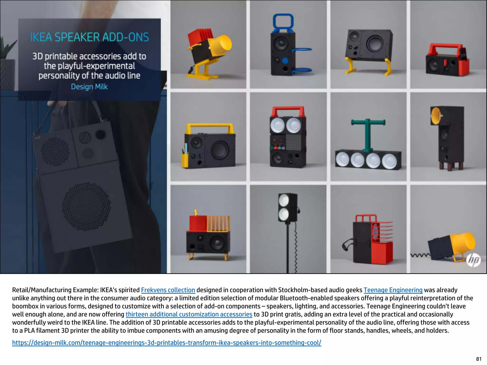 81
Retail/Manufacturing Example: IKEA’s spirited Frekvens collection designed in cooperation with Stockholm-based audio geeks Teenage Engineering was already
unlike anything out there in the consumer audio category: a limited edition selection of modular Bluetooth-enabled speakers offering a playful reinterpretation of the
boombox in various forms, designed to customize with a selection of add-on components – speakers, lighting, and accessories. Teenage Engineering couldn’t leave
well enough alone, and are now offering thirteen additional customization accessories to 3D print gratis, adding an extra level of the practical and occasionally
wonderfully weird to the IKEA line. The addition of 3D printable accessories adds to the playful-experimental personality of the audio line, offering those with access
to a PLA filament 3D printer the ability to imbue components with an amusing degree of personality in the form of floor stands, handles, wheels, and holders.
https://design-milk.com/teenage-engineerings-3d-printables-transform-ikea-speakers-into-something-cool/
 