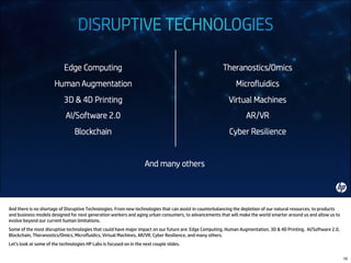And there is no shortage of Disruptive Technologies. From new technologies that can assist in counterbalancing the depletion of our natural resources, to products
and business models designed for next generation workers and aging urban consumers, to advancements that will make the world smarter around us and allow us to
evolve beyond our current human limitations.
Some of the most disruptive technologies that could have major impact on our future are: Edge Computing, Human Augmentation, 3D & 4D Printing, AI/Software 2.0,
Blockchain, Theranostics/Omics, Microfluidics, Virtual Machines, AR/VR, Cyber Resilience, and many others.
Let’s look at some of the technologies HP Labs is focused on in the next couple slides.
10
 