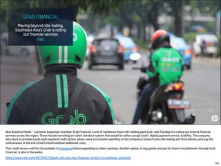 New Business Model – Customer Expansion Example: Grab Financial, a unit of Southeast Asian ride-hailing giant Grab, said Tuesday it is rolling out several financial
services across the region. Those include launching an online checkout system that would let sellers accept Grab’s digital payment service, GrabPay. The company
also plans to provide a post-paid payment credit option, where users accumulate spending on the company’s products like ride-hailing and food delivery and pay the
total amount at the end of each month without additional costs.
That credit service will first be available in Singapore before expanding to other countries. Another option, to buy goods and pay for them in installments through Grab
Financial, is also in the works.
https://www.cnbc.com/2019/03/19/grab-rolls-out-new-financial-services-in-southeast-asia.html
104
 