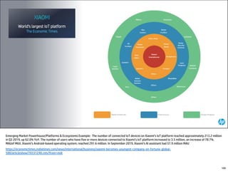 Emerging Market Powerhouse/Platforms & Ecosystems Example: The number of connected IoT devices on Xiaomi’s IoT platform reached approximately 213.2 million
in Q3 2019, up 62.0% YoY. The number of users who have five or more devices connected to Xiaomi’s IoT platform increased to 3.5 million, an increase of 78.7%.
MAUof MIUI. Xiaomi’s Android-based operating system, reached 291.6 million. In September 2019, Xiaomi’s AI assistant had 57.9 million MAU
https://economictimes.indiatimes.com/news/international/business/xiaomi-becomes-youngest-company-on-fortune-global-
500/articleshow/70331240.cms?from=mdr
109
 