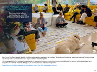Gen Z in the Workforce Example: Bumble, the dating and networking application, has employee "Beekeepers" who volunteer to welcome new hires. They get to know
new hires, provide a personalized tour, and go get a coffee or smoothie together.
The company’s Austin, Tex., headquarters is known as the Beehive and promotes a cheery sense of community, bolstered by sunshine-yellow walls, playful decor
(signs that say bee kind), and plenty of happy hours, volunteer sessions, and even some parades.
https://www.inc.com/ryan-jenkins/hiring-generation-z-ensure-their-first-day-includes-this.html
127
 