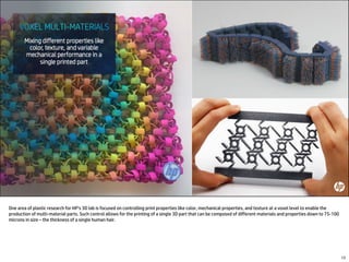 One area of plastic research for HP’s 3D lab is focused on controlling print properties like color, mechanical properties, and texture at a voxel level to enable the
production of multi-material parts. Such control allows for the printing of a single 3D part that can be composed of different materials and properties down to 75-100
microns in size – the thickness of a single human hair.
13
 