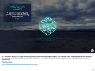 AI + Blockchain Example: Numerai is an AI-powered hedge fund using crowdsourced machine learning from thousands of data scientists around the world. It remains
the only hedge fund built on blockchain and using ML and data science in a novel way. The novelty lies in changing the incentive and compensation structure of the
fund manager.
https://numer.ai/
https://builtin.com/artificial-intelligence/examples-ai-in-industry
132
 