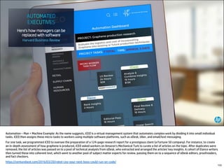 Automation – Man + Machine Example: As the name suggests, iCEO is a virtual management system that automates complex work by dividing it into small individual
tasks. iCEO then assigns these micro-tasks to workers using multiple software platforms, such as oDesk, Uber, and email/text messaging.
For one task, we programmed iCEO to oversee the preparation of a 124-page research report for a prestigious client (a Fortune 50 company). For instance, to create
an in-depth assessment of how graphene is produced, iCEO asked workers on Amazon’s Mechanical Turk to curate a list of articles on the topic. After duplicates were
removed, the list of articles was passed on to a pool of technical analysts from oDesk, who extracted and arranged the articles’ key insights. A cohort of Elance writers
then turned these into coherent text, which went to another pool of subject matter experts for review, passing them on to a sequence of oDesk editors, proofreaders,
and fact checkers.
https://venturebeat.com/2016/03/20/robot-ceo-your-next-boss-could-run-on-code/
133
 