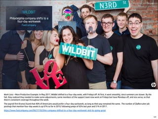 Work Less – More Productive Example: In May 2017, Wildbit shifted to a four-day week, with Fridays off. At first, it went smoothly, since summers are slower. By the
fall, they realized they needed to make some adjustments; some members of the support team now work on Fridays but have Mondays off, and vice versa, so that
there’s consistent coverage throughout the week.
The payroll firm Kronos found that 40% of Americans would prefer a four-day workweek, as long as their pay remained the same. The number of ZipRecruiter job
postings that mention four-day weeks is up 67% so far in 2019, following jumps of 65% last year and 51% in 2017.
https://www.fastcompany.com/90277702/this-company-shifted-to-a-four-day-workweek-and-its-going-great
141
 
