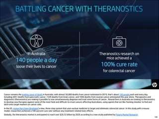 Cancer remains the leading cause of death in Australia, with almost 50,000 deaths from cancer estimated in 2019, that’s about 140 people each and every day.
Including 3051 deaths from pancreatic cancer, 1549 deaths from brain cancer, and 1046 deaths from ovarian cancer anticipated this year alone. Therapeutics and
diagnostics (theranostics) are making it possible to now simultaneously diagnose and treat some forms of cancer. Researchers in Australia are looking to theranostics
to develop new therapies against some of the most fatal and difficult-to-treat cancers affecting Australians, using agents that act like 'homing missiles' to find and
latch onto target markers on cancer cells.
In the US, researchers have developed a new, three-step system that uses nuclear medicine to target and eliminate colorectal cancer. In this study with a mouse
model, researchers achieved a 100-percent cure rate–without any treatment-related toxic effects.
Globally, the theranostics market is anticipated to reach over $20.52 billion by 2026 according to a new study published by Polaris Market Research.
168
 
