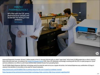 Improved Diagnostics Example: At least 2 million people in the U.S. become infected with so-called “super bugs” and at least 23,000 people die as a direct result of
these infections each year, according to the Centers for Disease Control (CDC). Now, HP’s Biohacker technology is working with the CDC on a pilot program to “print”
and test antibiotics in an effort to catch these antimicrobial resistant strains from spreading faster.
The HP D300e Digital Dispenser BioPrinter technology works by using the same set up as a regular ink printer, but instead dispenses any combination of drugs in
volumes from picoliters to microliters to be used for research purposes.
https://techcrunch.com/2018/08/27/hp-is-printing-drugs-for-the-cdc-to-speed-up-antibiotic-testing/
https://garage.ext.hp.com/us/en/innovation/inkjet-technology-helps-scientists-fight-drug-resistant-superbug.html
177
 
