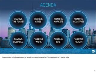 Megatrends and technology are shaping our world in many ways. Here are a few of the impact points we’ll touch on today.
22
 