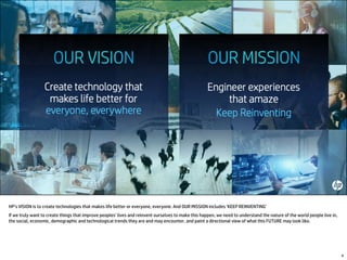 HP’s VISION is to create technologies that makes life better or everyone, everyone. And OUR MISSION includes ‘KEEP REINVENTING’
If we truly want to create things that improve peoples’ lives and reinvent ourselves to make this happen, we need to understand the nature of the world people live in,
the social, economic, demographic and technological trends they are and may encounter, and paint a directional view of what this FUTURE may look like.
4
 