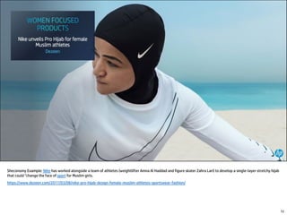 72
Sheconomy Example: Nike has worked alongside a team of athletes (weightlifter Amna Al Haddad and figure skater Zahra Lari) to develop a single-layer stretchy hijab
that could "change the face of sport for Muslim girls.
https://www.dezeen.com/2017/03/08/nike-pro-hijab-design-female-muslim-athletes-sportswear-fashion/
 