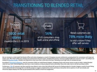 We are moving to a retail model that blends offline and online shopping as a result of changing consumer preferences, growing desire for convenience and rising real
estate costs. More than 9,300 store closings were announced in the US in 2019, smashing the previous record of roughly 8,000 store closures in 2017, according to an
analysis by Business Insider. Retailers are expected to close more than 2,200 stores this year, following record-high rates of closings last year.
According to Periscope by McKinsey, most US consumers (56%) are multichannel shoppers, shopping at brick-and-mortar stores as well as online, making blended
retail the new norm. Interestingly those who have a clear tendency to shop at physical stores outnumber those who make most or all their purchases online.
Furthermore, 78% of customers say they would be more likely to visit a store that offered self-service for finding products or brands. Imagine a world of smart fitting
rooms, kitted out with technology that can identify products, suggest complementary items and feature interactive mirror systems. Or self-serve kiosks and
interactive digital displays that flash up personalized offers based on historical engagement.
76
 