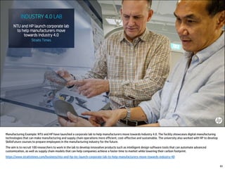83
Manufacturing Example: NTU and HP have launched a corporate lab to help manufacturers move towards Industry 4.0. The facility showcases digital manufacturing
technologies that can make manufacturing and supply chain operations more efficient, cost-effective and sustainable. The university also worked with HP to develop
SkillsFuture courses to prepare employees in the manufacturing industry for the future.
The aim is to recruit 100 researchers to work in the lab to develop innovative products such as intelligent design software tools that can automate advanced
customization, as well as supply chain models that can help companies achieve a faster time to market while lowering their carbon footprint.
https://www.straitstimes.com/business/ntu-and-hp-inc-launch-corporate-lab-to-help-manufacturers-move-towards-industry-40
 