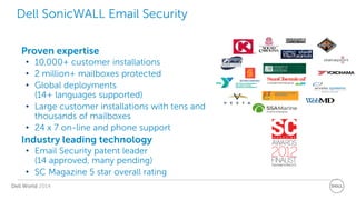 Dell World 2014 
Dell SonicWALL Email Security 
Proven expertise, industry leading technology 
Proven expertise 
•10,000+ customer installations 
•2 million+ mailboxes protected 
•Global deployments (14+ languages supported) 
•Large customer installations with tens and thousands of mailboxes 
•24 x 7 on-line and phone support Industry leading technology 
•Email Security patent leader (14 approved, many pending) 
•SC Magazine 5 star overall rating  