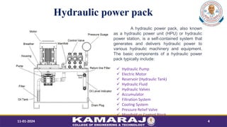 Hydraulic power pack
11-01-2024 4
A hydraulic power pack, also known
as a hydraulic power unit (HPU) or hydraulic
power station, is a self-contained system that
generates and delivers hydraulic power to
various hydraulic machinery and equipment.
The basic components of a hydraulic power
pack typically include:
? Hydraulic Pump
? Electric Motor
? Reservoir (Hydraulic Tank)
? Hydraulic Fluid
? Hydraulic Valves
? Accumulator
? Filtration System
? Cooling System
? Pressure Relief Valve
? Manifold or Control Block
 