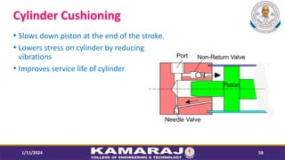 Cylinder Cushioning
? Slows down piston at the end of the stroke.
? Lowers stress on cylinder by reducing
vibrations
? Improves service life of cylinder
1/11/2024 58
 