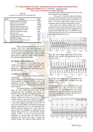 Y.C. Rama Krishna, M.Lokesh / International Journal of Engineering Research and
                   Applications (IJERA) ISSN: 2248-9622 www.ijera.com
                         Vol. 2, Issue 5, September- October 2012, pp.
                                                           fast tracing speed should be used in the PV sites with
                                                           fast variation of solar irradiation.
                                                                     The curves of the solar radiation (radiation
                                                           level times 30 for comparison) and the output power
                                                           of the PV panel. The output power varies from 13.5
                                                           kW to 37.5 kW, which closely follows the solar
                                                           irradiation when the ambient temperature is fixed.
                                                              Fig.8 shows the voltage (voltage times 0.2 for
                                                           comparison) and current responses at the ac side of
                                                           the main converter when the solar irradiation level
                                                           decreases from1000 W/m2 at 0.3 s to 400W/m2 at 0.4
                                                           s with a fixed dc load 20 kW. It can be seen from the
                                                           current directions that the power




         Many anti-islanding detection and control
schemes [31], [32] have been developed for
conventional and power-converter-based distributed
generators and various microgrids. Those techniques
can be modified and implemented in the proposed            Fig.8. AC side voltage and current of the main
hybrid grid to make the system transfer smoothly           converter with variable solar irradiation level and
from the grid tied to isolated mode.                       constant dc load.

IV. SIMULATION RESULTS
          The operations of the hybrid grid under
various source and load conditions are simulated to
verify the proposed control algorithms. The
parameters of components for the hybrid grid are
listed in Table III.

A. Grid-Connected Mode
          In this mode, the main converter operates in
the PQ mode.
Power is balanced by the utility grid. The battery is      Fig. 9. AC side voltage and current of the main
fully charged and operates in the rest mode in the         converter with constant solar irradiation level and
simulation. AC bus voltage is maintained by the            variable dc load.
utility grid and dc bus voltage is maintained by the
main converter.                                            is injected from the dc to the ac grid before 0.3 s and
          The optimal terminal voltage is determined       reversed after 0.4 s. Fig. 14 shows the voltage
using the basic P&O algorithm based on the                 (voltage times 0.2 for comparison) and current
corresponding solar irradiation. The voltages for          responses at the ac side of the main converter when
different solar irradiations.The solar irradiation level   the dc load increases from 20 kW to 40 kW at 0.25 s
is set as400 W/m2 from 0.0 s to 0.1s, increases            with a fixed irradiation level 750 W/m2 .
linearly to1000 W/m2 from 0.1 s to 0.2 s, keeps
constant until 0.3 s, decreases to400 W/m2 from 0.3
s to 0.4 s and keeps that value until the final time 0.5
s. The initial voltage for the P&O is set at 250 V. It
can be seen that the P&O is continuously tracing the
optimal voltage from 0 to 0.2 s. The algorithm only
finds the optimal voltage at 0.2 s due to the slow
tracing speed. The algorithm is searching the new
optimal voltage from 0.3 s and finds the optimal
voltage at 0.48 s. It can be seen that the basic
algorithm can correctly follow the change of solar
irradiation but needs some time to search the
optimal voltage. The improved P&O methods with



                                                                                                 2197 | P a g e
 