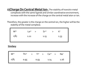 2)Charge On Central Metal Ion- The stability of transitin metal
complexes with the same ligands and similar coordinative environment,
increase with the increase of the charge on the central metal aton or ion.
Therefore, the greater is the charge on the central ion, the higher will be the
stability of the metal complexe.
Mn+ La3+ > Sr2+ > K+
r(Å) 1.12 1.13 1.33
Similary
Mn+ Th3+ > Y3+ > Ca2+ > Na+
r(Å) 0.95 0.93 1.14 1.16
 