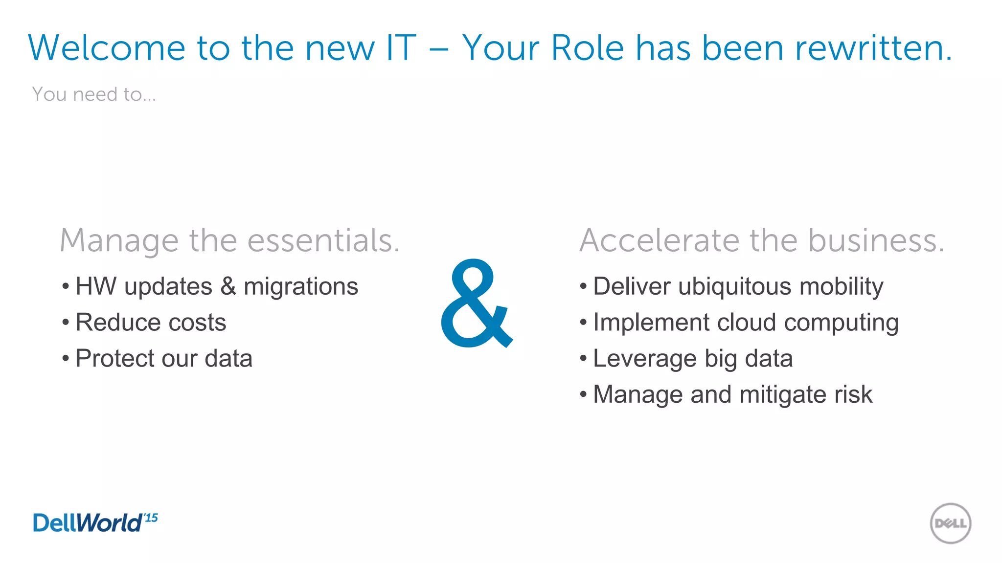 Welcome to the new IT – Your Role has been rewritten.
You need to…
Manage the essentials. Accelerate the business.
• HW updates & migrations
• Reduce costs
• Protect our data
• Deliver ubiquitous mobility
• Implement cloud computing
• Leverage big data
• Manage and mitigate risk
&
 